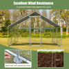 Large metal chicken coop with waterproof cover, featuring ground stakes for wind resistance and sturdy galvanized steel.