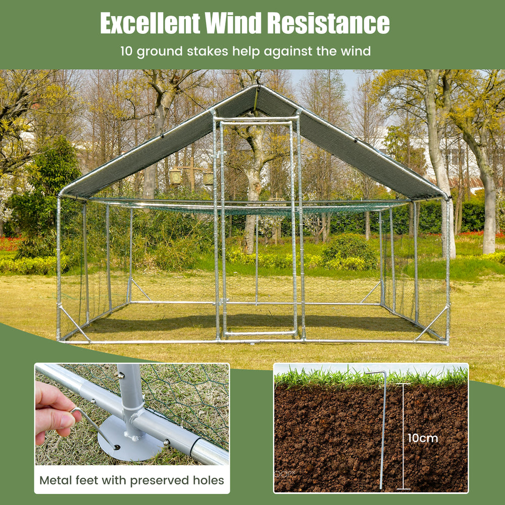 Large metal chicken coop with waterproof cover, featuring ground stakes for wind resistance and sturdy galvanized steel.