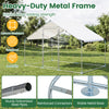 Large metal chicken coop with waterproof cover, galvanized steel frame, and walk-in door for easy access and poultry.