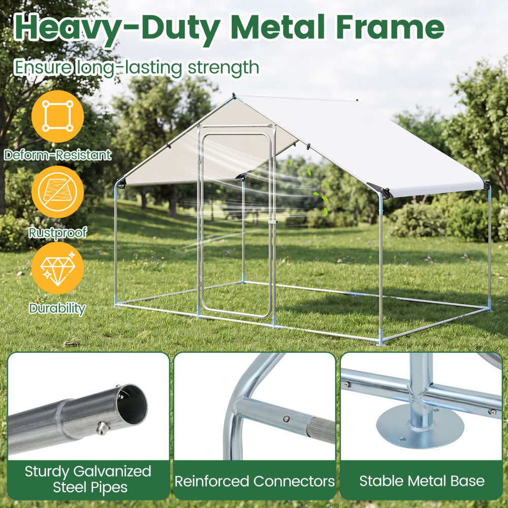 Large metal chicken coop with waterproof cover, galvanized steel frame, and walk-in door for easy access and poultry.