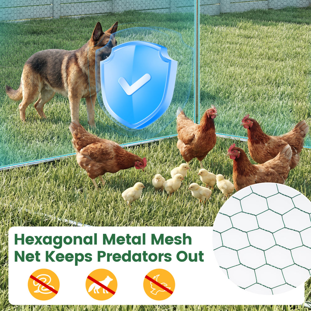 Large metal chicken coop with hexagonal mesh, waterproof cover, and spire roof design for predator protection and.