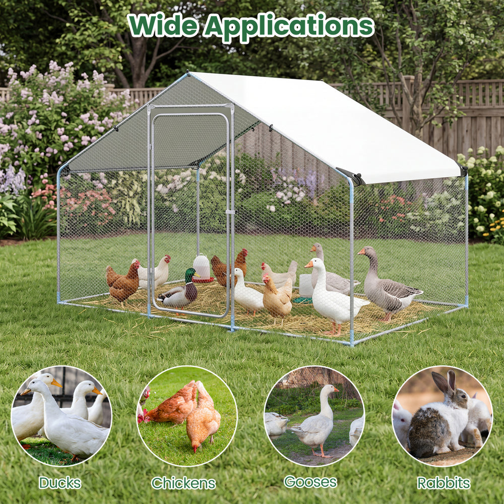 Large metal chicken coop with waterproof cover, featuring a galvanized steel frame, suitable for chickens, ducks, and.