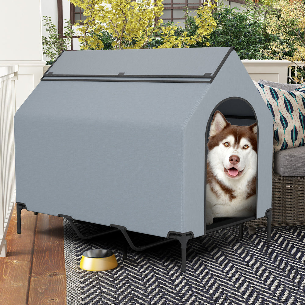 Elevated pet house featuring a durable, waterproof canopy and roll-up windows, ideal for providing comfort outdoors.