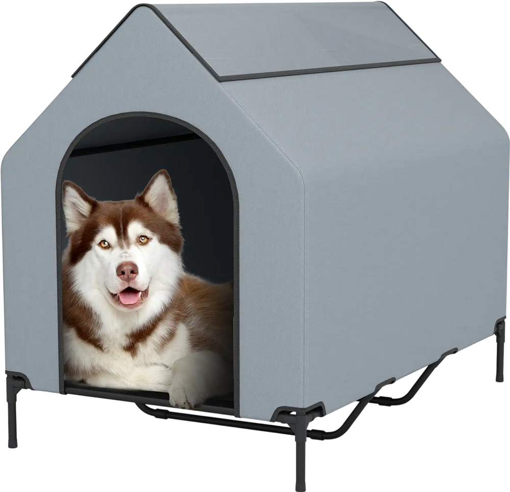 Elevated outdoor pet house with waterproof canopy, ventilated windows, and breathable mesh for comfort and airflow.