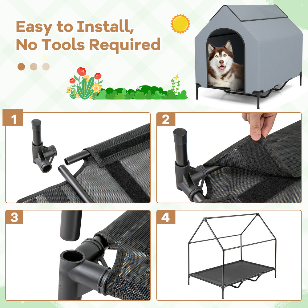 Elevated outdoor pet house with waterproof canopy, ventilated windows, and sturdy metal frame for comfort and airflow.