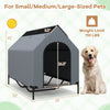 Elevated outdoor pet house with waterproof canopy, ventilated windows, and sturdy metal frame for small to large pets.