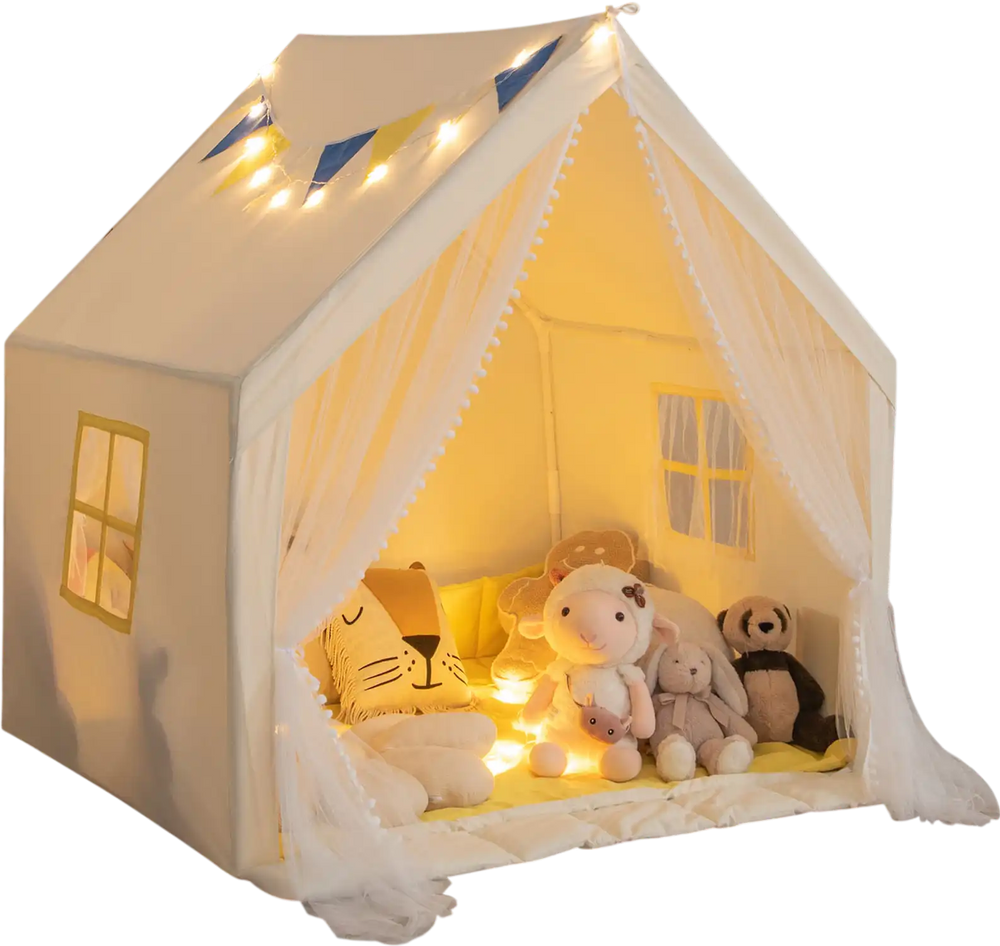 Large beige kids play tent with star lights and colorful flags, perfect for indoor fun and cozy playtime.