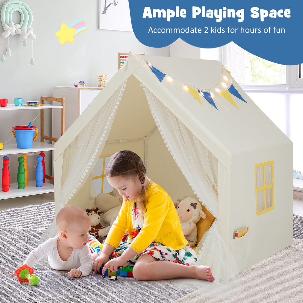 Large beige kids play tent with star lights and colorful flags, accommodating 1-2 children for hours of fun indoors.