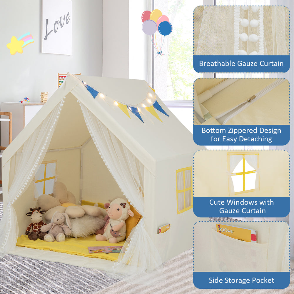 Large beige kids play tent with breathable gauze curtains, padded mat, and cute windows, perfect for indoor fun.