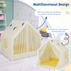 Large beige kids play tent with star lights and colorful flags, featuring a padded mat for cozy playtime and safety.