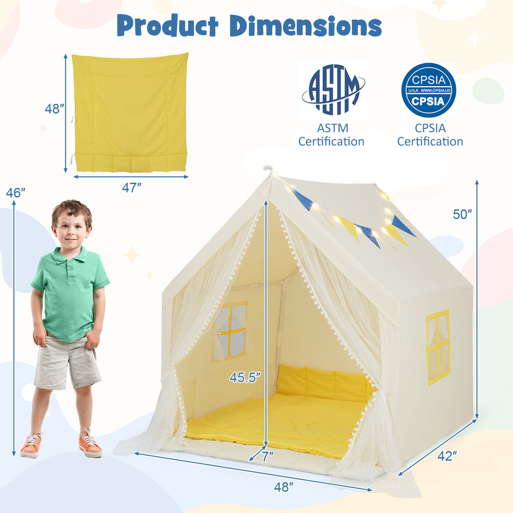 Large beige kids play tent with star lights and colorful flags, includes padded mat, perfect for indoor fun and play.