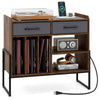 Large record player stand in rustic brown with charging station, vinyl storage, and adjustable shelves for music.