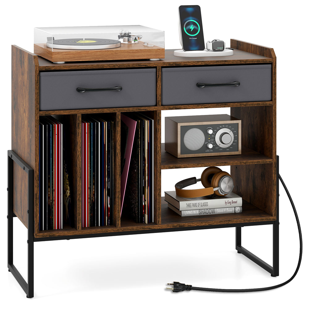 Large record player stand in rustic brown with charging station, vinyl storage, and adjustable shelves for music.