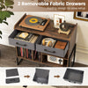 Large record player stand in rustic brown with two removable fabric drawers and a convenient charging station.