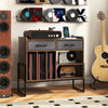 Large record player stand in rustic brown with vinyl storage, charging station, and adjustable shelves for music.