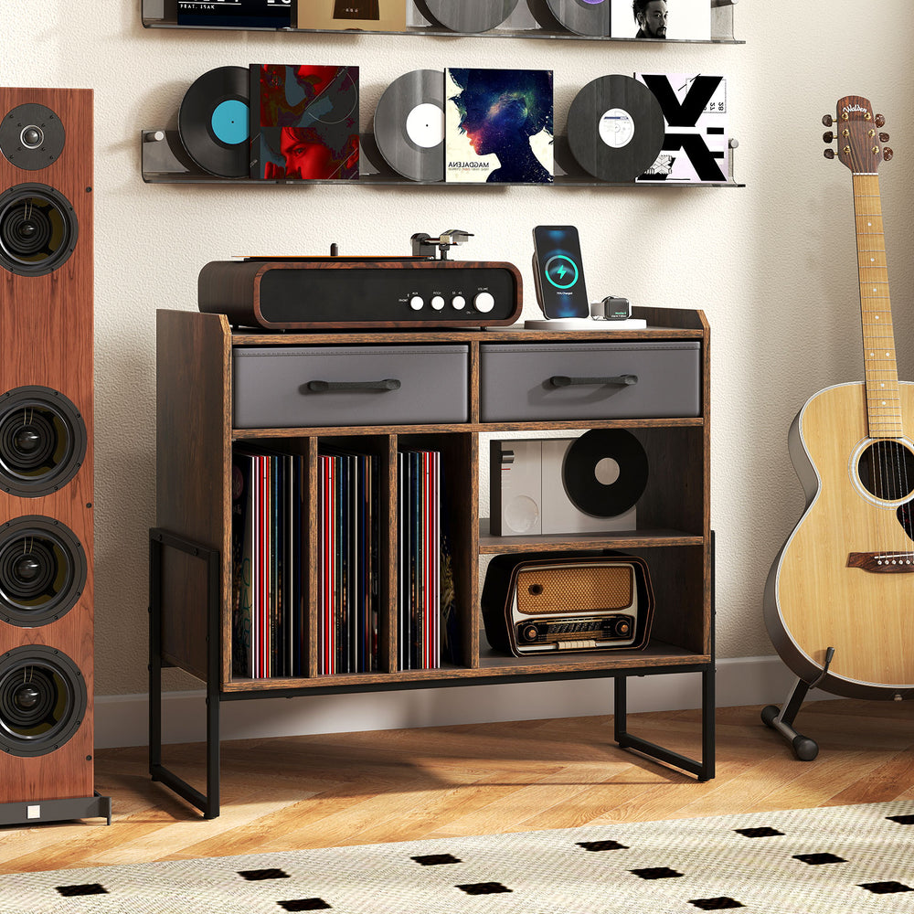 Large record player stand in rustic brown with vinyl storage, charging station, and adjustable shelves for music.