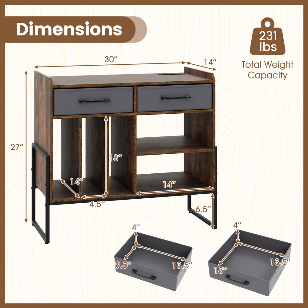Large record player stand in rustic brown with charging station, adjustable shelves, and removable fabric drawers.