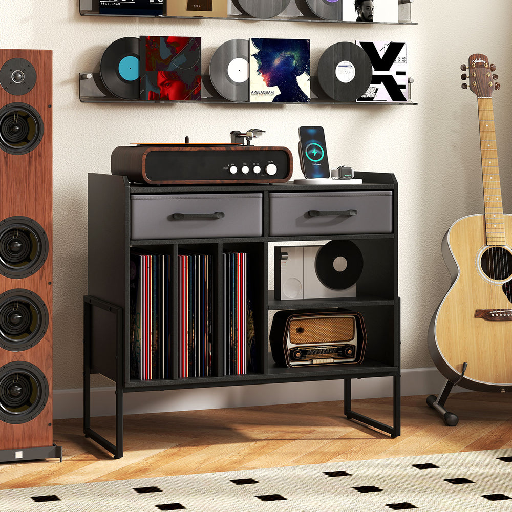 Large Record Player Stand with Charging Station Mid Century Modern Vinyl Storage Cabinet-Black - Gallery View 1 of 10
