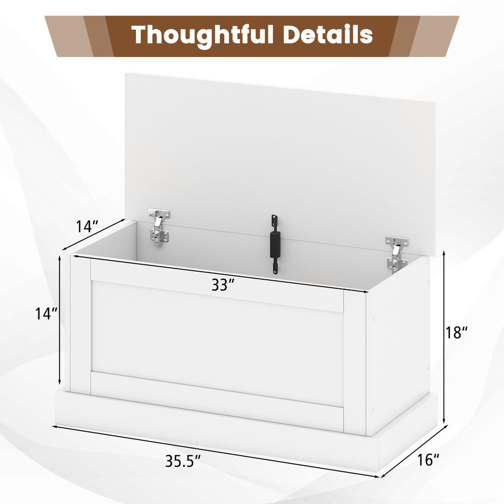 Large off-white storage chest with safety metal hinge, measuring 35.5" x 16" x 18", ideal for organizing various items.