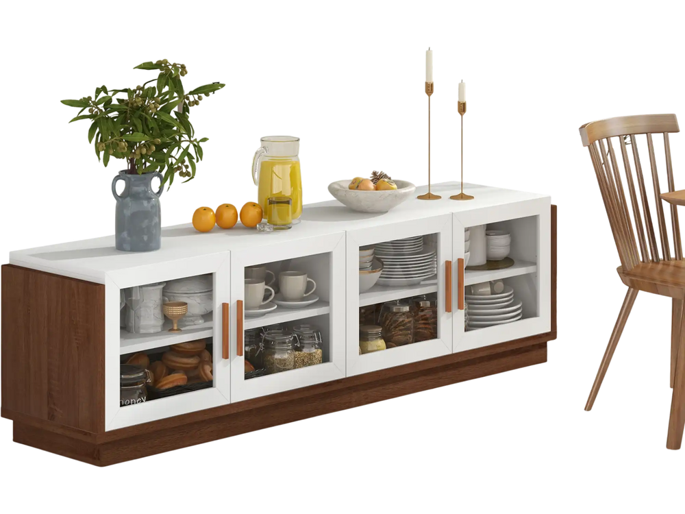 Large TV stand with 4 tempered glass doors, suitable for TVs up to 75 inches, perfect for living room storage.