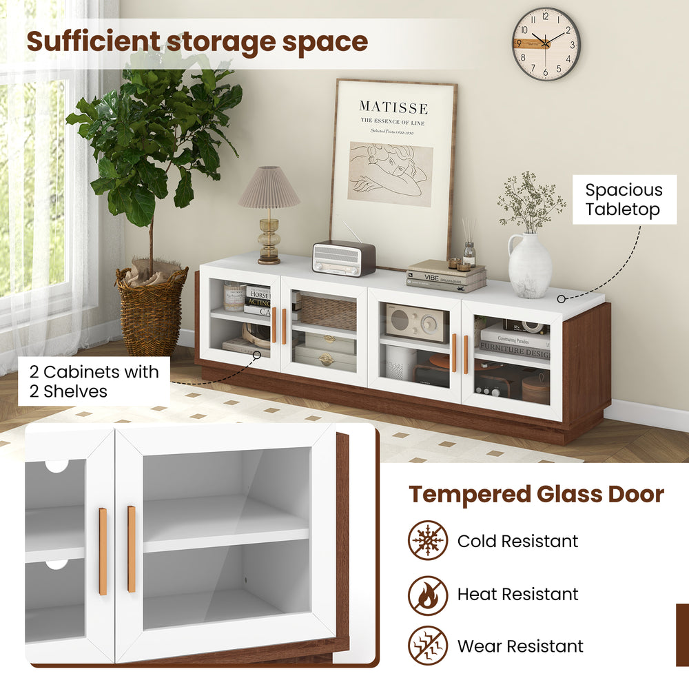 Large TV stand with 4 tempered glass doors, spacious tabletop for TVs up to 75 inches, and 2 cabinets for storage.