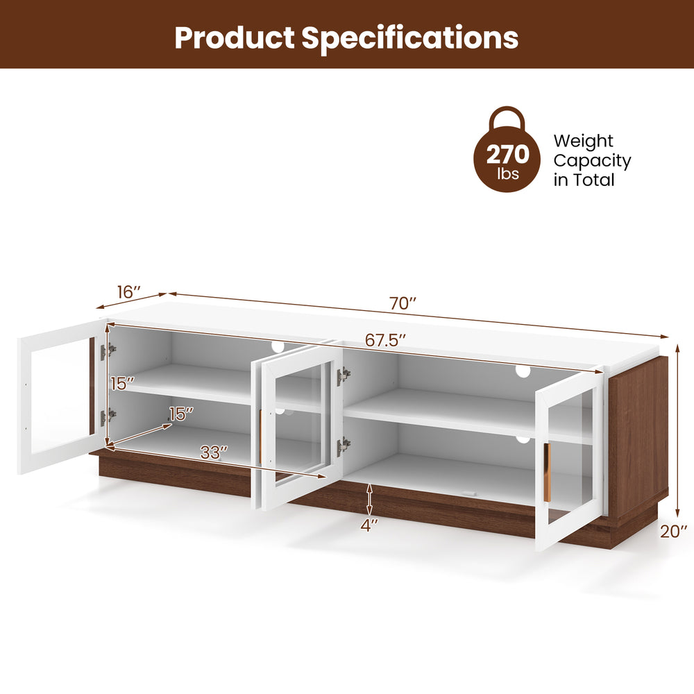 Large TV stand with 4 tempered glass doors, suitable for TVs up to 75 inches, featuring adjustable shelves and cable.