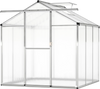 Large walk-in greenhouse with polycarbonate panels and aluminum frame, featuring a sliding door and roof vent for.
