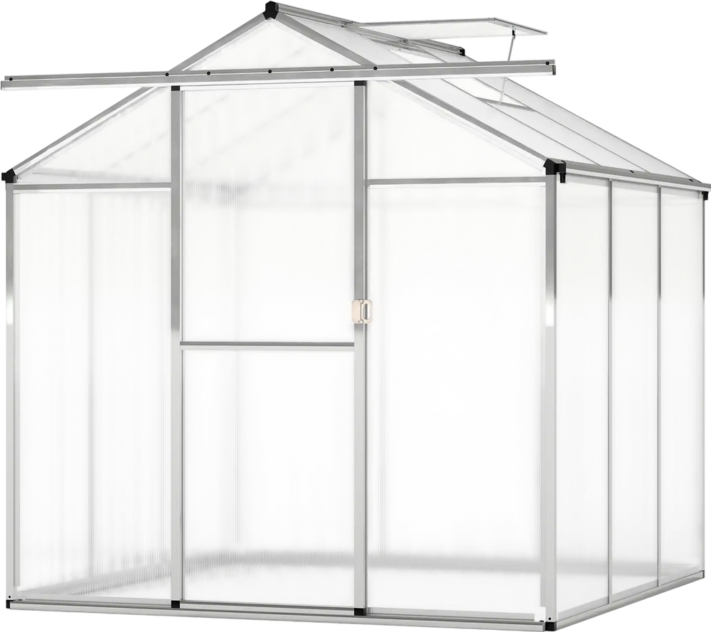 Large walk-in greenhouse with polycarbonate panels and aluminum frame, featuring a sliding door and roof vent for.