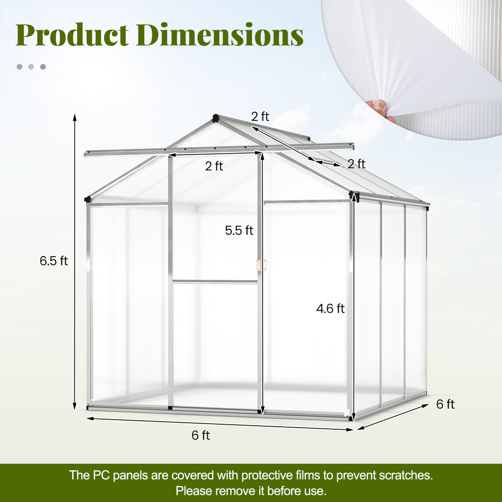 Large walk-in greenhouse with polycarbonate panels and rain gutters, measuring 6 ft x 6.5 ft, designed for year-round.