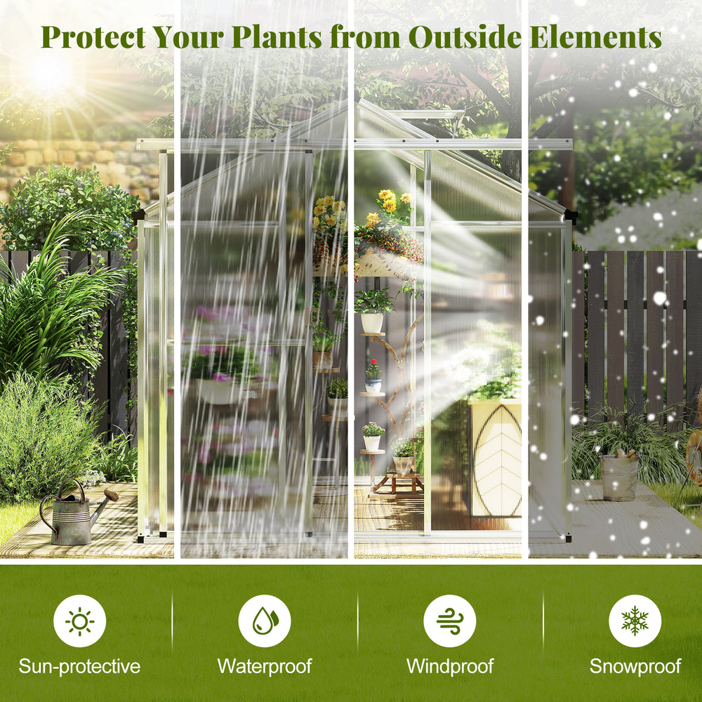 Large walk-in greenhouse with polycarbonate panels, rain gutters, and aluminum bars for year-round plant protection.
