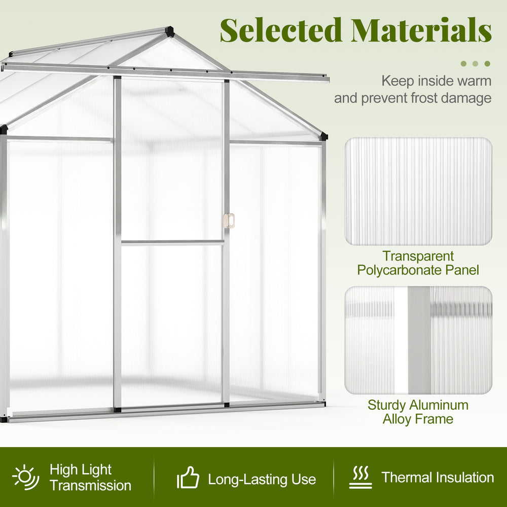 Large walk-in greenhouse with transparent polycarbonate panels and aluminum alloy frame for year-round plant protection.