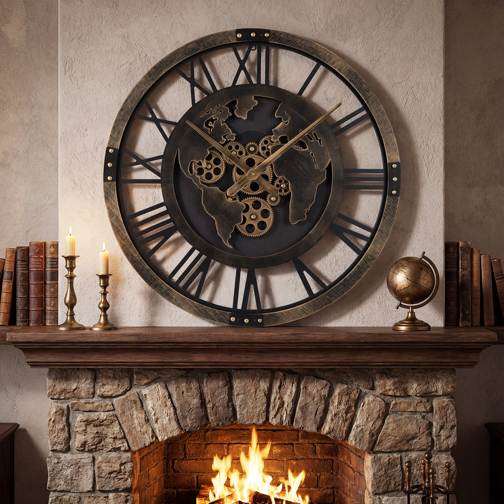 Large 27" gear wall clock with world map design in brown, featuring a robust metal frame for stylish home decor.
