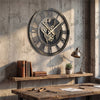 Large 27" gear wall clock with world map design, featuring a robust metal frame for stylish home decor.