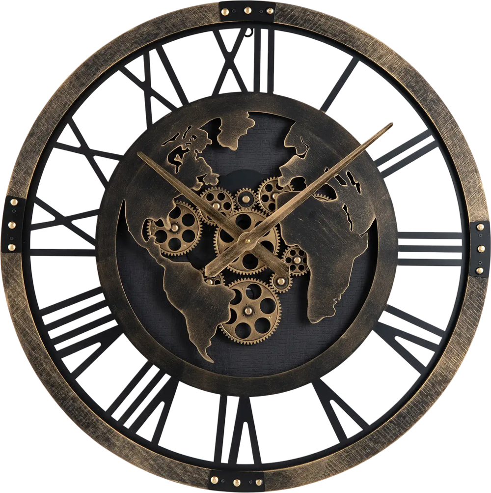 Large 27" wall clock with a gear design and world map, featuring a robust metal frame for stylish home decor.