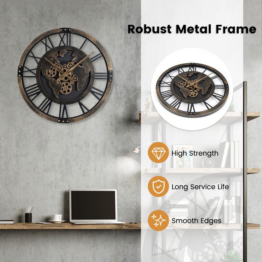 Large 27" gear wall clock with world map design, robust metal frame, smooth edges, ideal for stylish home decor.