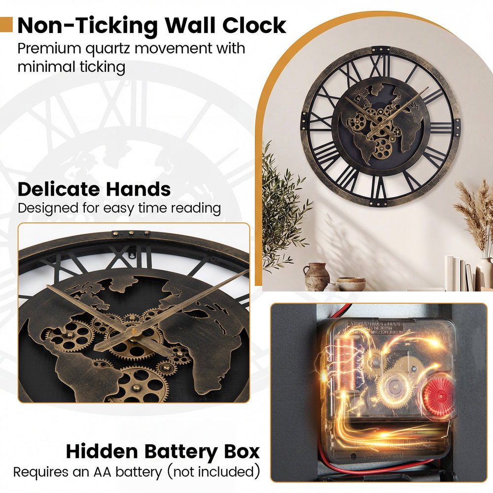 Large 27" gear wall clock with world map design, non-ticking quartz movement, and robust metal frame for easy time.