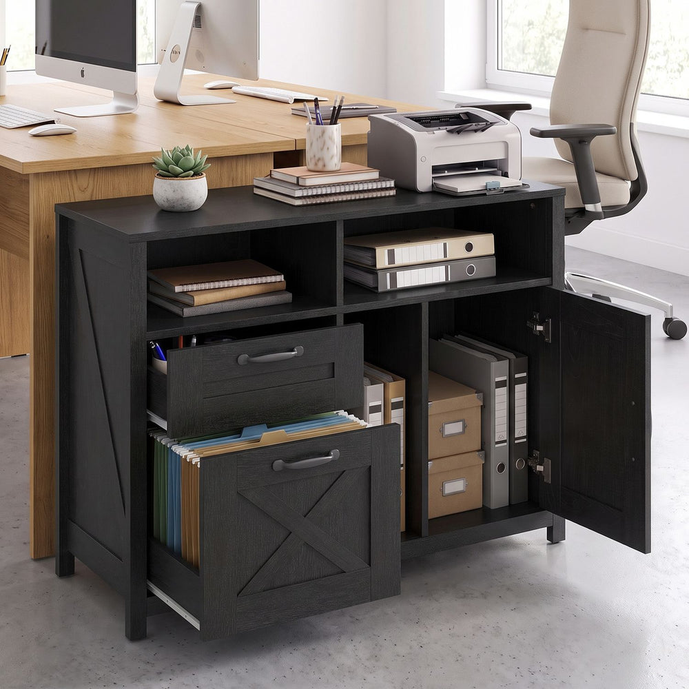 Lateral file cabinet in black with 2 drawers, single-door storage, and rustic barn wood grain design for home office use.