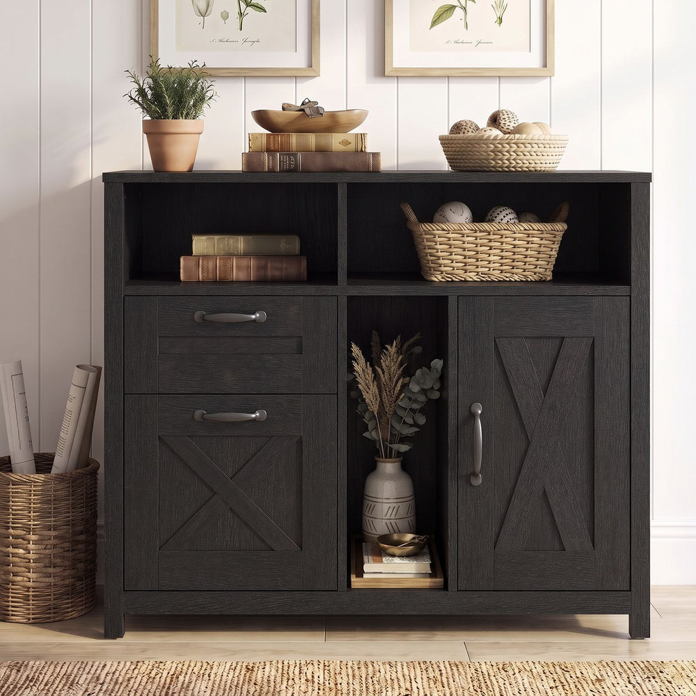 Lateral file cabinet in black with 2 drawers, single-door cabinet, and rustic barn wood grain design for home office use.