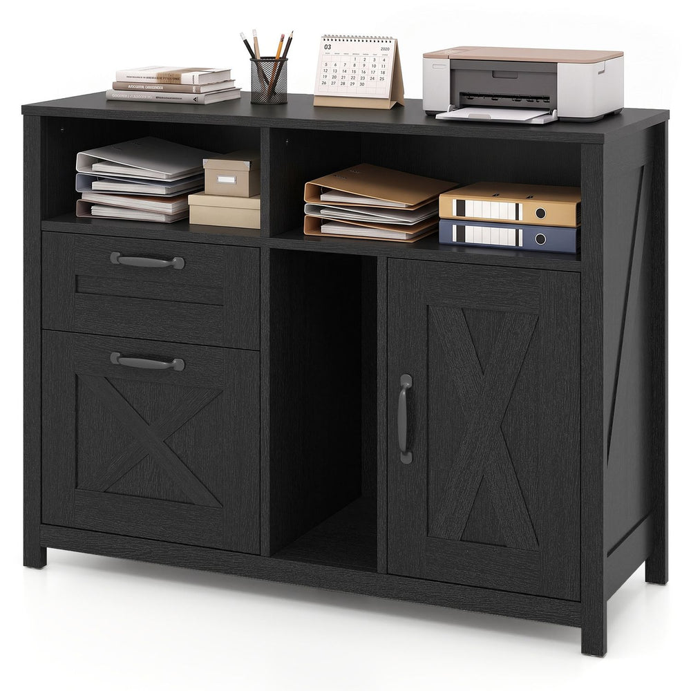 Lateral file cabinet in black with 2 drawers, single-door cabinet, and 3 compartments for home office organization.