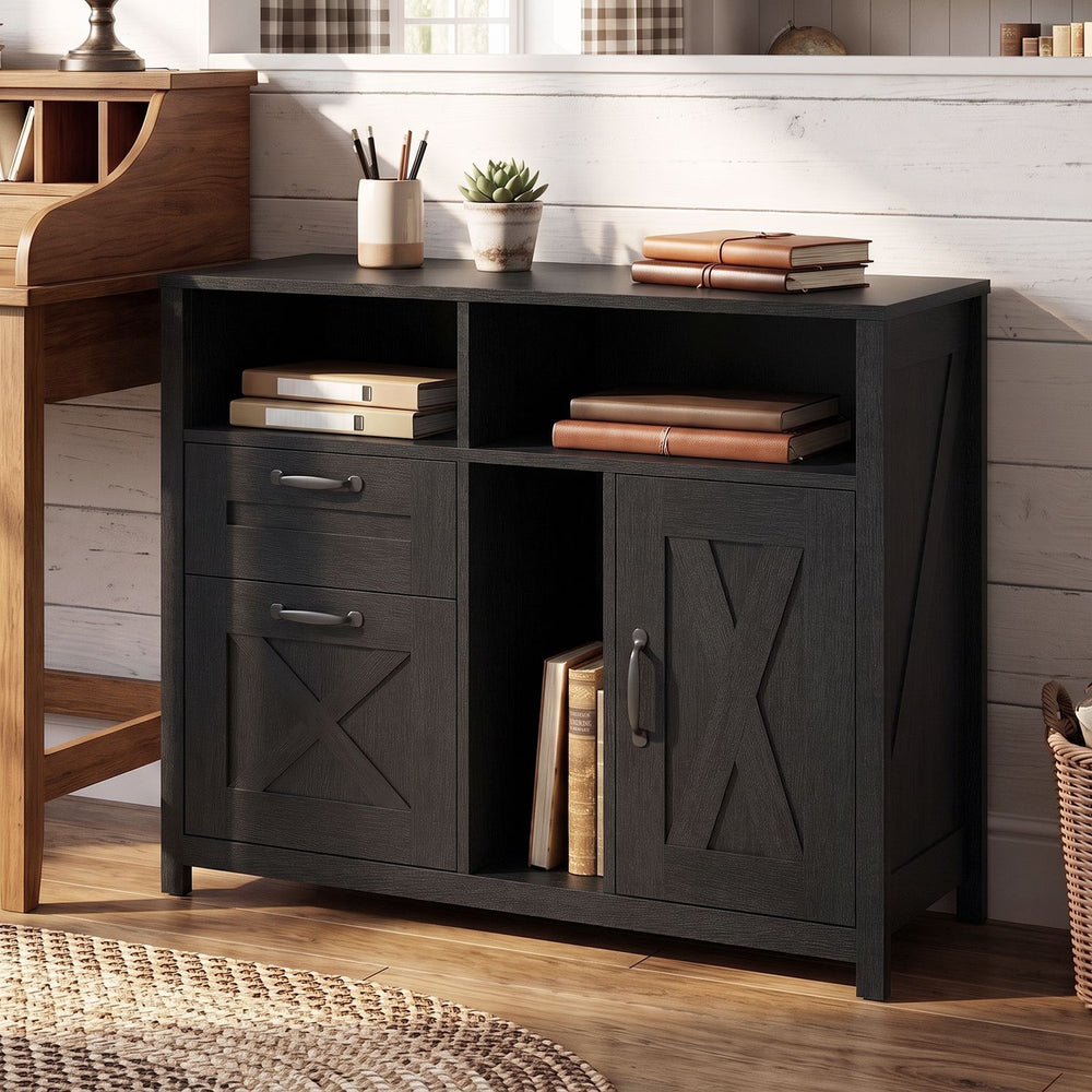 Lateral file cabinet in black with 2 drawers, single-door cabinet, and rustic barn wood grain design for home office storage.
