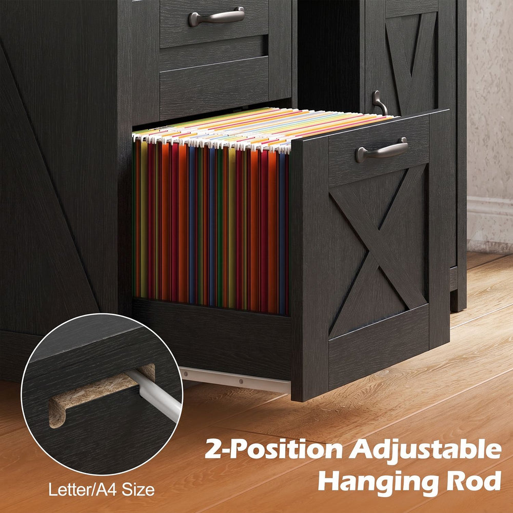 Lateral file cabinet with two drawers, adjustable hanging rod, and rustic black finish for home office organization.