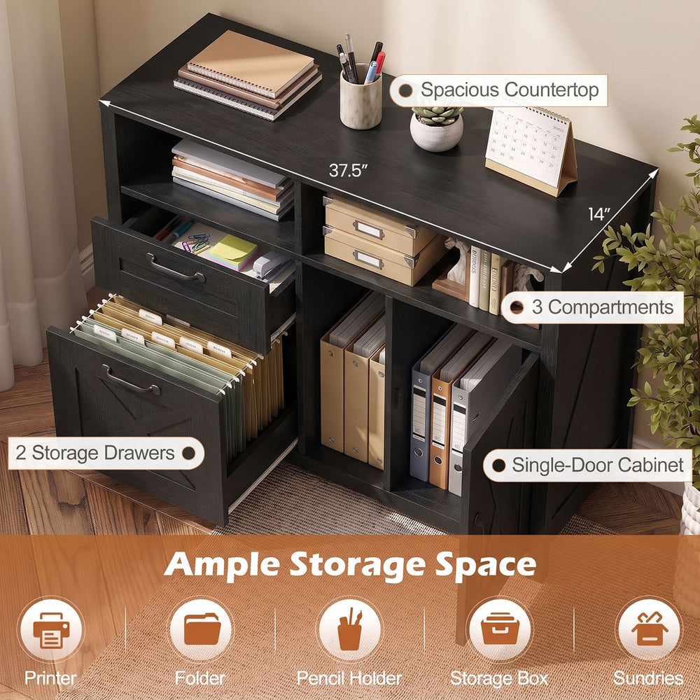 Lateral file cabinet in black with 2 drawers, single-door cabinet, and spacious top for home office organization.