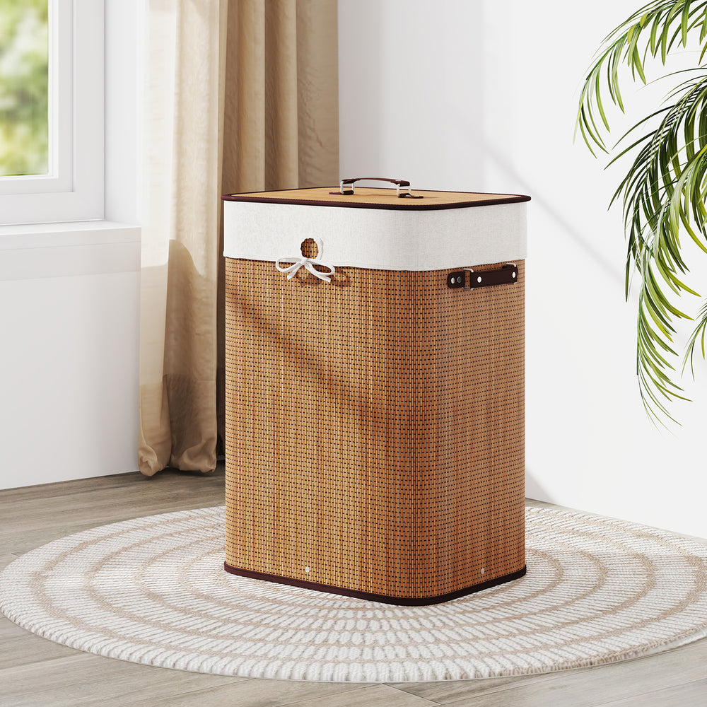 19 Gal Rectangle Laundry Basket Bamboo Clothes Hamper with Handles and Lid-Yellow - Gallery View 1 of 10