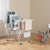 2-level laundry drying rack with height adjustable wings, sturdy metal tubes, and practical sock clips for indoor use.