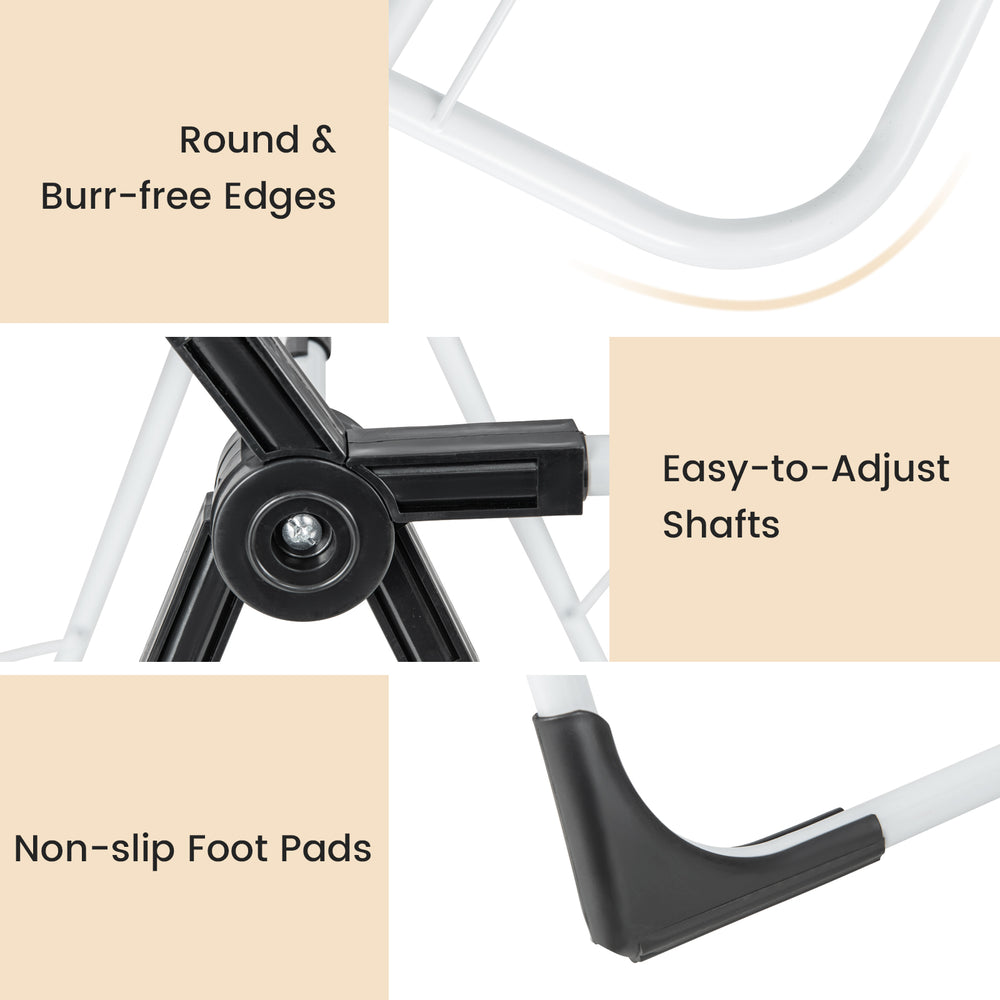 Detail of the 2-level laundry drying rack showing non-slip foot pads and easy-to-adjust shafts for stability and.