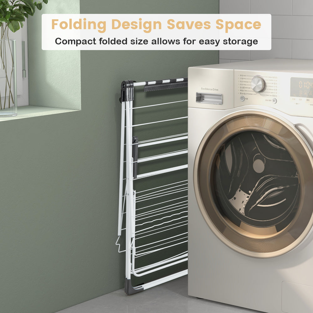 2-level laundry drying rack with height adjustable wings, foldable design for space-saving storage, ideal for indoor.