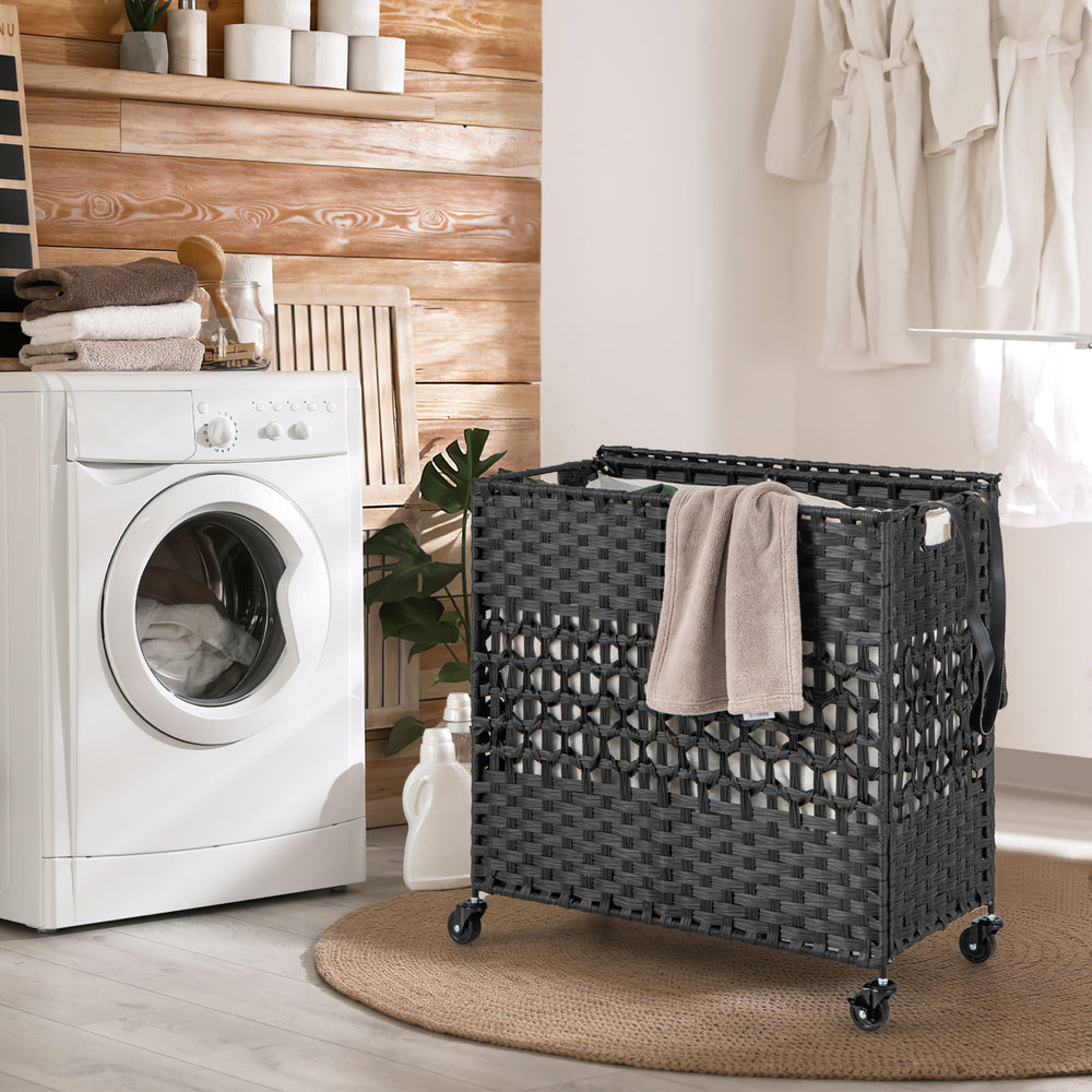 110L 2-Section Laundry Hamper with 2 Removable and Washable Liner Bags-Black - Gallery View 1 of 10
