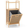 Bamboo tilt-out laundry hamper with removable basket and two shelves, perfect for bathrooms and laundry rooms.