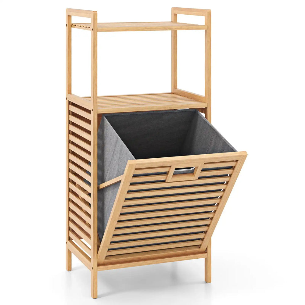 Bamboo tilt-out laundry hamper with removable basket and two shelves, perfect for bathrooms and laundry rooms.
