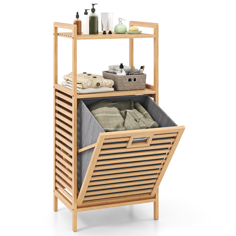 Bamboo tilt-out laundry hamper with removable basket and shelves, ideal for bathrooms and laundry rooms.